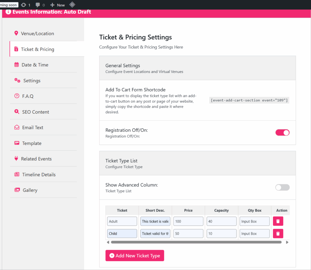 add event ticket price