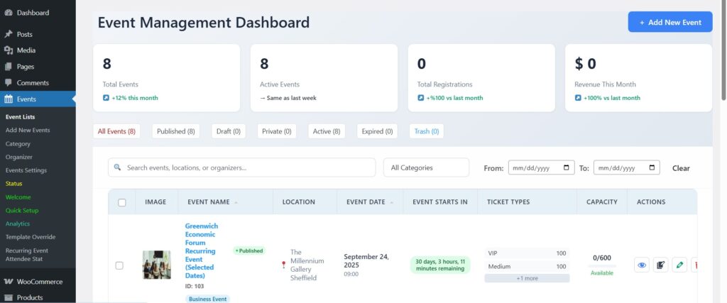 Wpevently dashboard